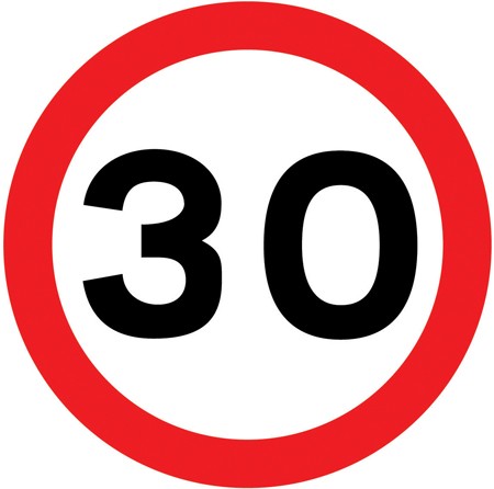 A white circle with a red ring and the number 30 in black