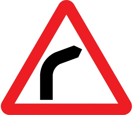 A white triangle with a red border and a black line bending to the right