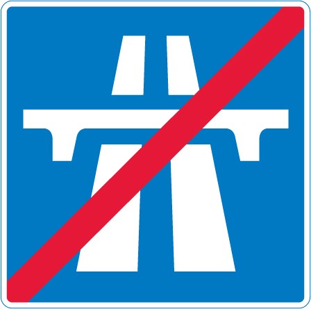 A blue square with the white motorway symbol crossed by a red diagonal line