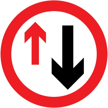 A white circle with a red ring, a small red arrow pointing up and a large black arrow pointing down