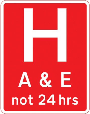 A red upright rectangle with a large white H and the words A and E not 24 hrs