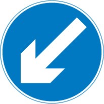 A blue circle with a white arrow pointing down to the left