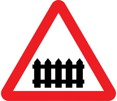 A white triangle with a red border and a black gate
