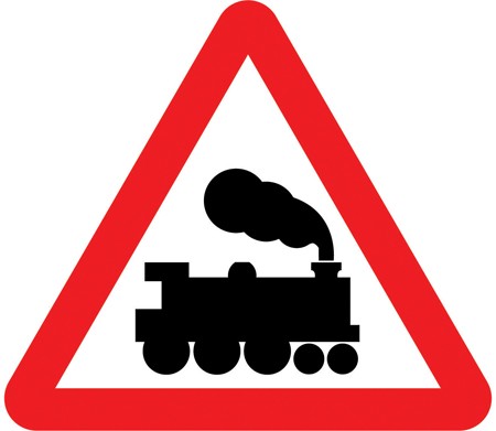A white triangle with a red border and a black steam locomotive