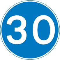 A blue circle with the number 30 in white