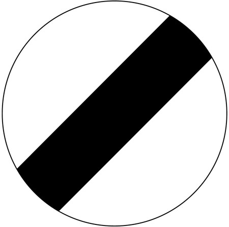 A white circle with a black diagonal stripe