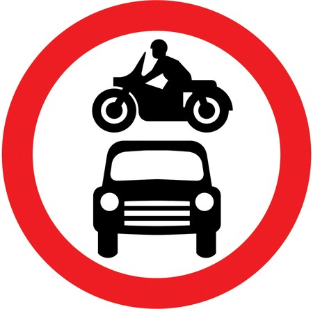 A white circle with a red ring, showing a black motorcycle above a black car