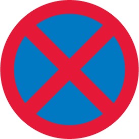 A blue circle with a red ring and a red cross