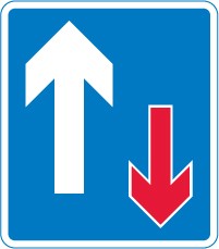 A blue rectangle with a large white arrow pointing up and a small red arrow pointing down