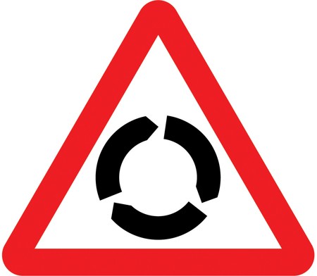 A white triangle with a red border and three black arrows in a circle