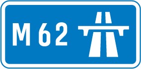 A blue sign with the route number M62 and the white motorway symbol of a road passing under a bridge